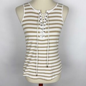 WHITE‎ HOUSE BLACK MARKET Tan White Striped Lace Up Tank Top Womens Size XS